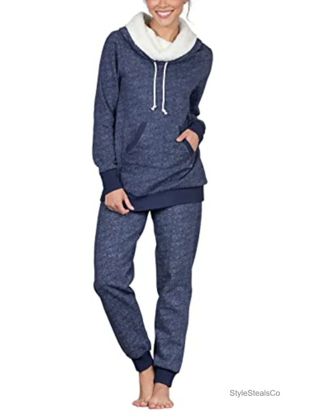 Women's Sherpa Fleece Cowl Neck Pajama Set - PajamaGram Lounge Set - Cotton